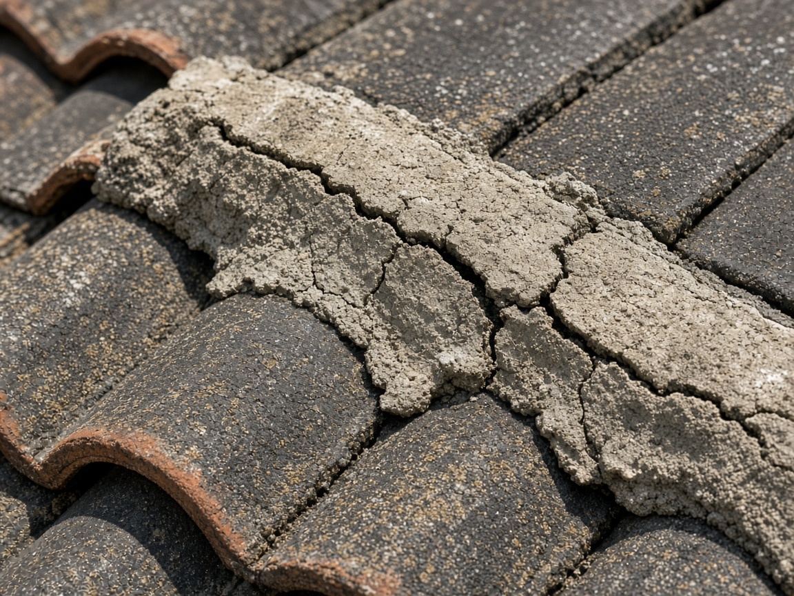 Close-up of weathered Melbourne roof tiles and ridge pointing
